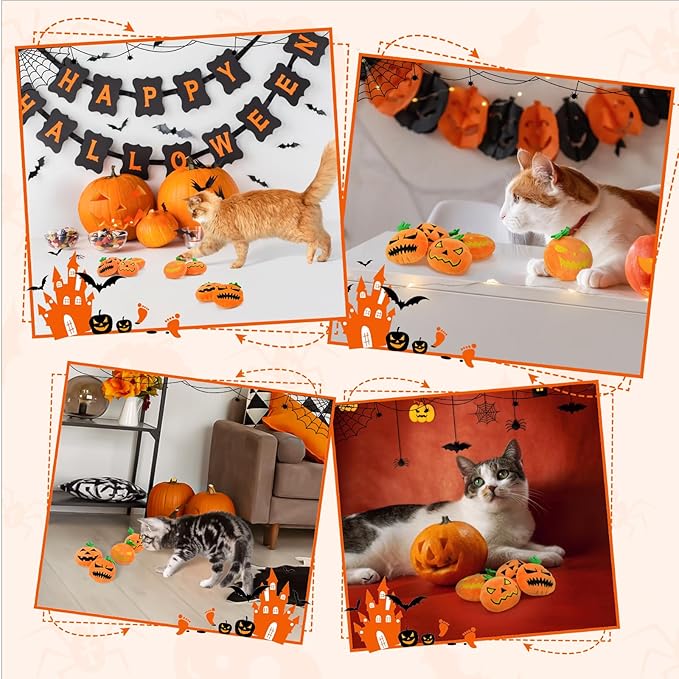 Halloween Pumpkin Toys for Cats Plush Teething Toys Featuring Pumpkin with Range Expressions Embroidery Designs Interactive Plush Toys for Kittens and Cats (8PCS)