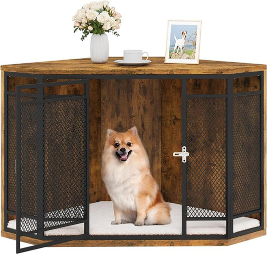 YITAHOME Corner Dog Crate Furniture, 43.7 inch Dog Kennel Furniture with Metal Mesh, Wooden Dog Crate End Table, Small Medium Dogs, Brown