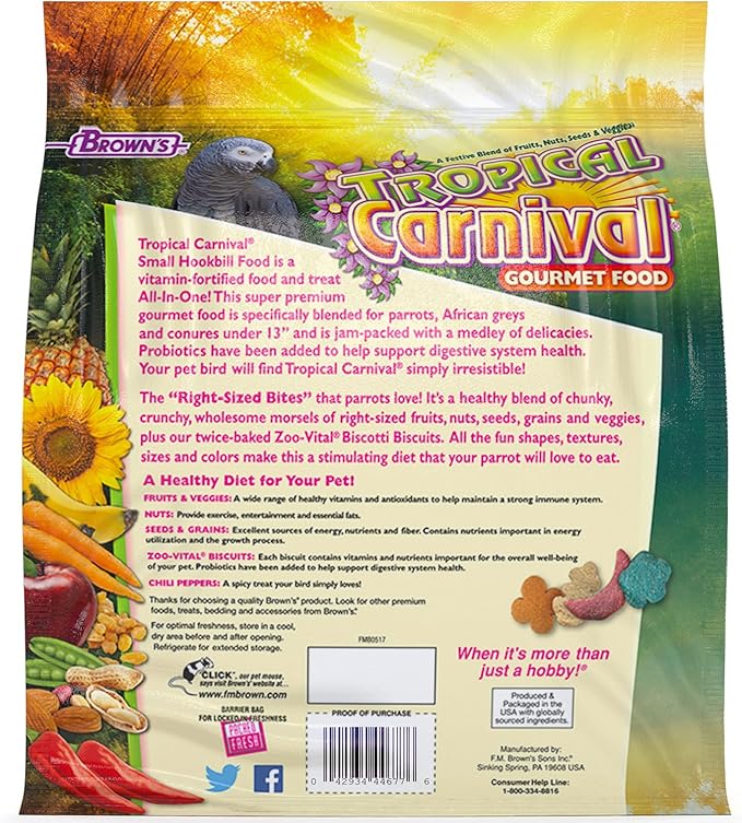 F.M. Brown's Tropical Carnival Gourmet Bird Food for Parrots, African Greys, and Conures Under 13", Probiotics for Digestive Health, Vitamin-Nutrient Fortified Daily Diet - 5 lb.