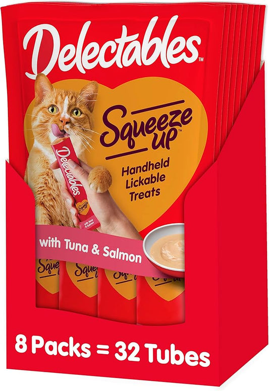 Hartz Delectables Squeeze Up Interactive Lickable Wet Cat Treats for Adult & Senior Cats, Tuna & Salmon, 4 Count(Pack of 8)