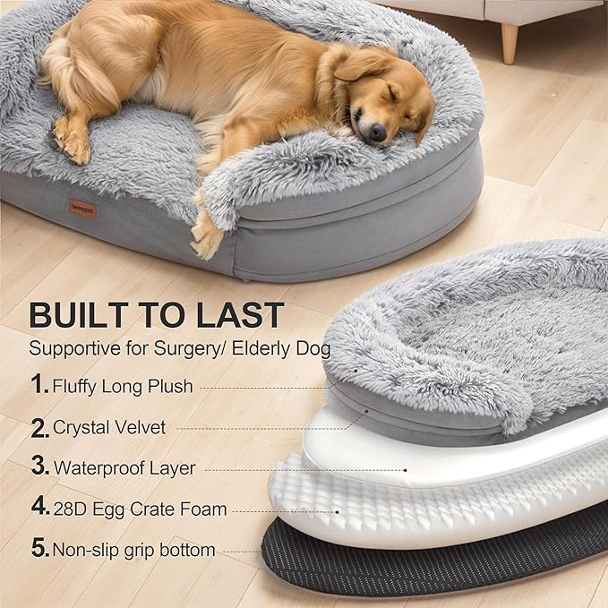 3.7 inch Thickened Orthopedic Dog Beds for Extra Large Dogs, Supportive Dog Sofa Bed with 28D Egg-crate Foam, Removable Washable Cover, Waterproof Lining, Half-Round Design for Puppy,Senior Dog