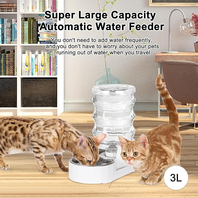 RIZZARI Automatic 3L Pet Waterer, Gravity Stainless Steel Water Dispenser, 100% BPA-Free, Large Capacity Water Feeder for Cats and Small and Medium-Sized Dogs