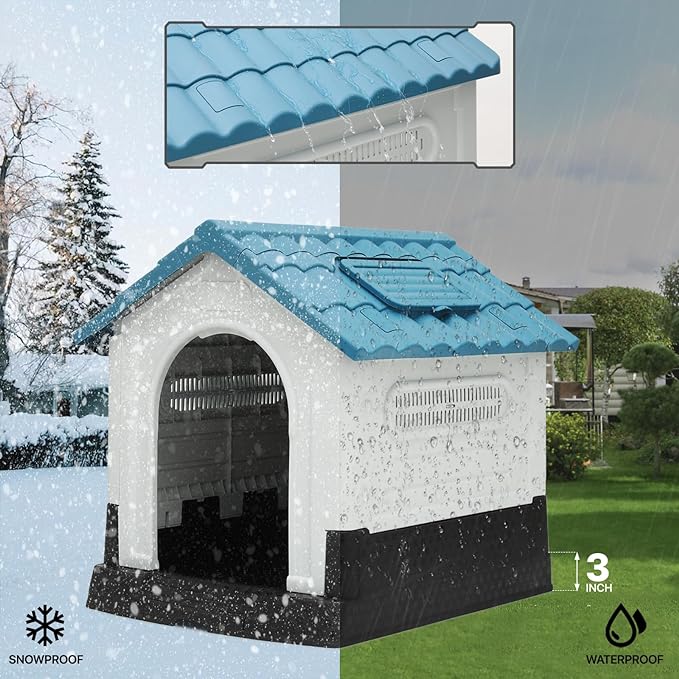 MoNiBloom Easy to Clean Insulated Dog House with Mats and Tray, Outdoor Durable Dog House for Small Medium Large Dogs, Waterproof Doghouses with Elevated Floor and Air Vents, 30.5"D x 23.5"W x 30"H