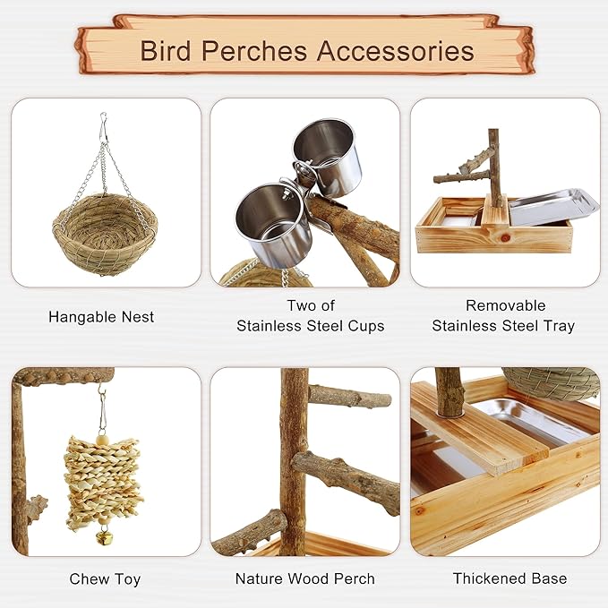 Mogoko Natural Bird Playground Bird Perches, Bird Cage Accessories, Bird Toys Playground, Bird Perch Stand Parrot stand, includes 2 Stainless Steel Cups and Removable Tray