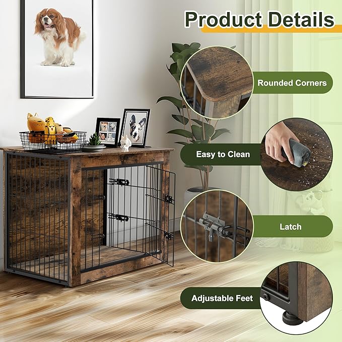 NicBex Dog Crate Furniture, 27.2" L Small Dog Crate, Dog Crates for Medium Small Dogs, Medium Dog Crate with Double Doors, Heavy Duty Dog Crate, Wooden Dog Kennel Indoor up to 30lb, Rustic Brown