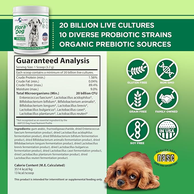 Vital Planet - Flora Dog Probiotic Powder Supplement with 20 Billion Cultures and 10 Strains, High Potency Immune and Digestive Support Probiotics for Dogs, 3.92 oz., 111 grams, 30 Servings