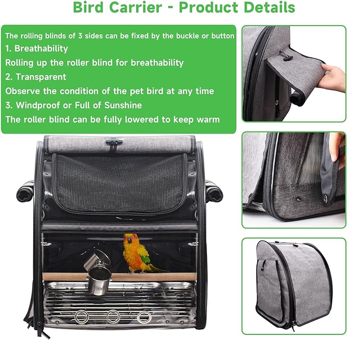 Bird Carrier Bag with Perch, Bird Travel Carrier Backpack with Stainless Steel Plate and Mesh, Portable Transparent Bird Travel Cage with Feeder Cups for Small Birds Parakeet Parrot