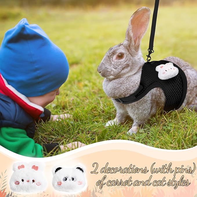 Rabbit Harness and Leash Set with 2 Cute Decorations Soft Adjustable Buckle Breathable Mesh Vest Harness for Rabbits Ferret Small Pig Puppy Walking Supplies (Black