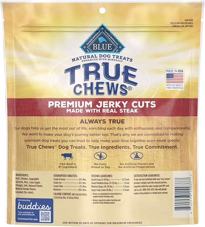 Blue Buffalo True Chews Premium Jerky Cuts Natural Dog Treats, Steak 20 oz bag
