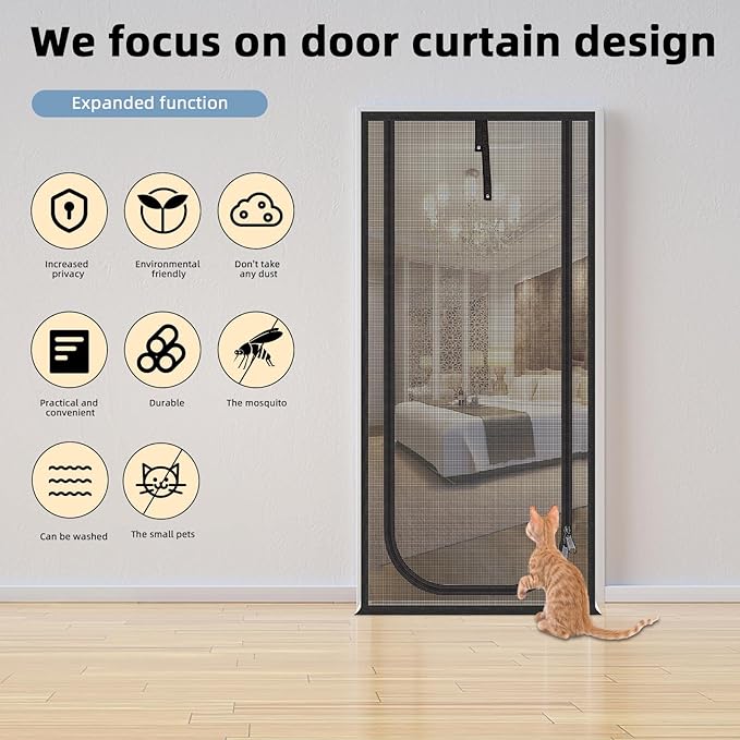 Reinforced Cat Screen Door,Fits Door Size 36''x 81'',Thickened Cat Resistant Mesh Screen Door for Living Room,Kitchen,Bedroom,Cat Proof Screen with Zipper Closure(U-type,Black)