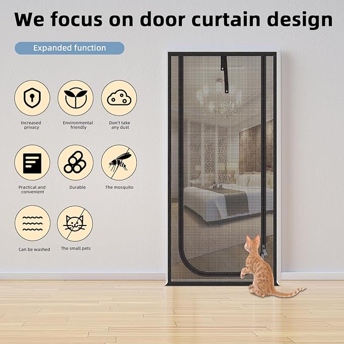 Reinforced Cat Screen Door,Fits Door Size 32''x 80'',Thickened Cat Resistant Mesh Screen Door for Living Room,Kitchen,Bedroom,Cat Proof Screen with Zipper Closure(U-type,Black)