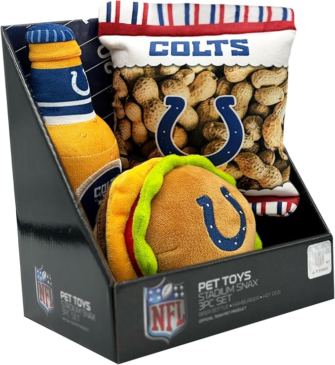 Pets First NFL Indianapolis Colts Football Stadium Snax Gift Boxset, Set of 3 Dog Toys with Inner Squeakers. Football Themed Dog Toys with NFL Team Logo