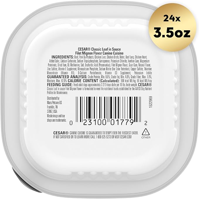 CESAR Adult Wet Dog Food Classic Loaf in Sauce Filet Mignon Flavor, 3.5 oz. Easy Peel Trays, Pack of 24