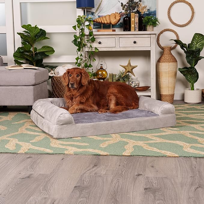 Furhaven Orthopedic Dog Bed for Large Dogs w/ Removable Bolsters & Washable Cover, For Dogs Up to 95 lbs - Faux Fur & Velvet Sofa - Smoke Gray, Jumbo/XL