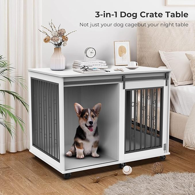 Furniture Style Dog Crate End Table with Sliding Barn Door, Indoor Dog Kennel Furniture with Removable Divider for 2 Small to Medium Pets, White, 43.7''W × 29.9''D × 31.2''H