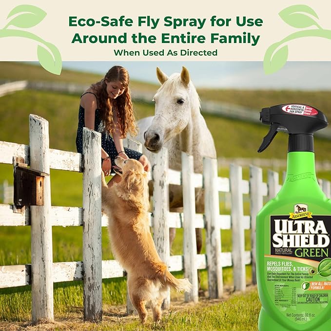 Absorbine UltraShield Green All-Natural Fly & Insect Repellent for Horses & Dogs, Essential Oils Repel & Control, 32oz Spray Bottle