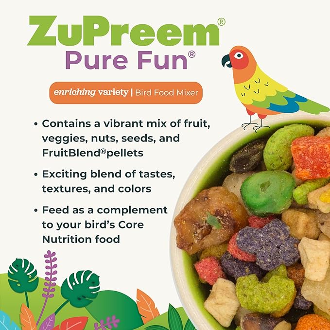 ZuPreem Pure Fun Bird Food for Medium Birds, 2 lb - Variety Blend of Vegetables, FruitBlend Pellets, Fruit, Seeds for Lovebirds, Quakers, Small Conures, Cockatiels