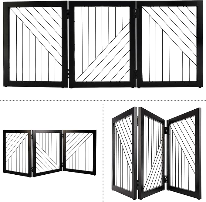 Pet Gate - 3-Panel Indoor Folding Dog Gate for Stairs or Doorways - 54x24-Inch Freestanding Pet Fence for Cats and Dogs by PETMAKER (Black)