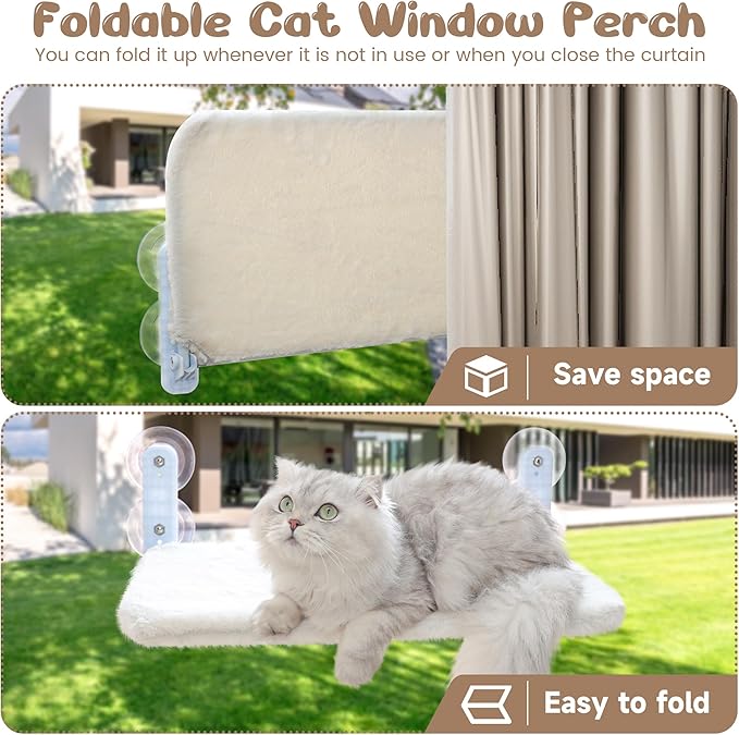 Cat Window Perch - Foldable Cordless Cat Hammock for Window, Cat Hammock with Steel Frame and Strong Suction Cup, Soft Touch Comfortable Skin-Friendly Large Foldable Cat Window Seat