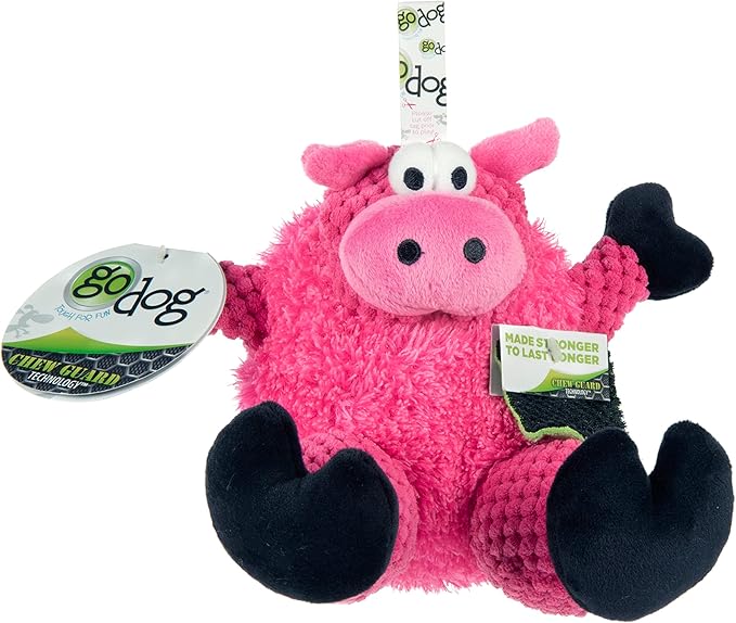 goDog Checkers Sitting Pig Squeaky Plush Dog Toy, Chew Guard Technology - Pink, Small