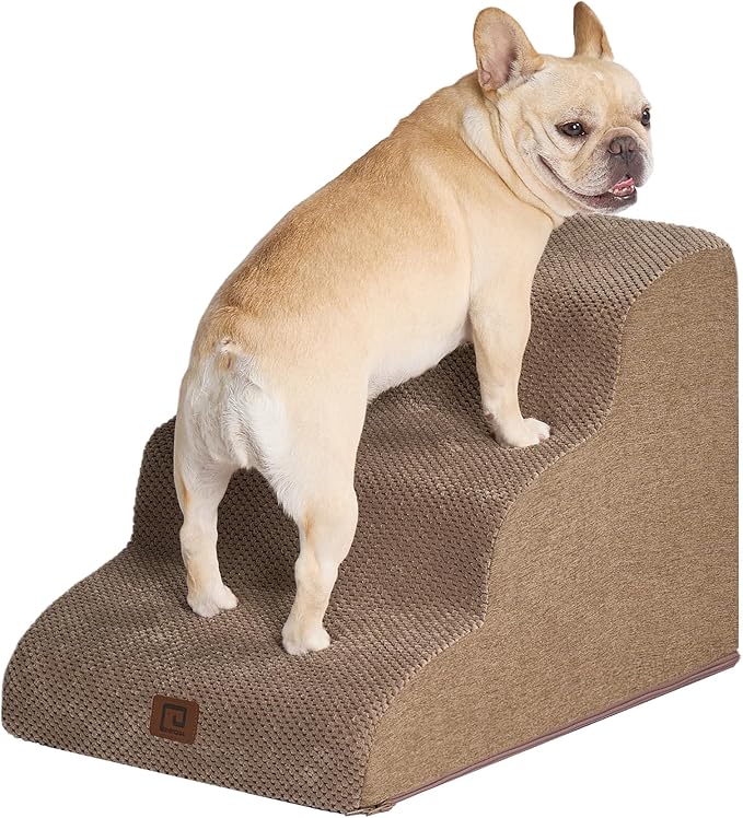 EHEYCIGA Curved Dog Stairs for Small Dogs 15.7" H, 3-Step Dog Steps for Couch Sofa and Chair, Pet Stairs for Cats, Non-Slip Balanced Pet Steps Indoor, Camel