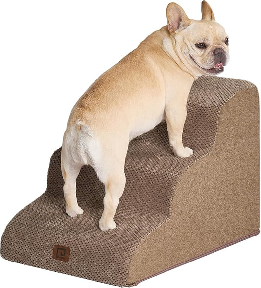 EHEYCIGA Curved Dog Stairs for Small Dogs 15.7" H, 3-Step Dog Steps for Couch Sofa and Chair, Pet Stairs for Cats, Non-Slip Balanced Pet Steps Indoor, Camel