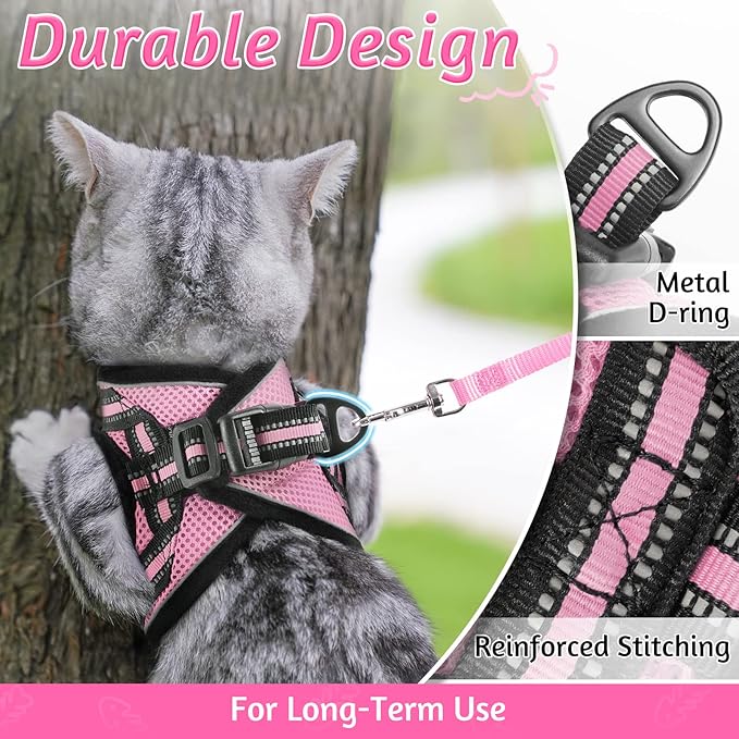 rabbitgoo Cat Harness and Leash Set for Walking Escape Proof, Adjustable Soft Kittens Vest with Reflective Strip for Cats, Comfortable Outdoor Vest, Pink, XL