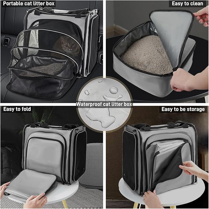 Cat Travel Carrier with Litter Box for Car, Expandable Cat Carrier with Leak-Proof Litter Box for Car Travel, up to 20 lb to Road Trip, Camping, or Hotel, Grey