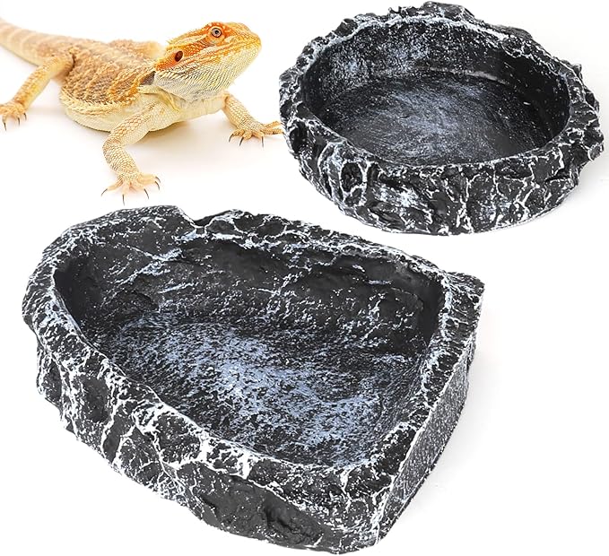 Reptile Water Dish Food Bowl for Bearded Dragon Tank Accessories, Hygger zoo Reptile Rock Feeder for Reptile Tank 2 Pack Corner Resin Terrarium Bowl for Leopard Gecko Hermit Crab Tortoise Snake, Black