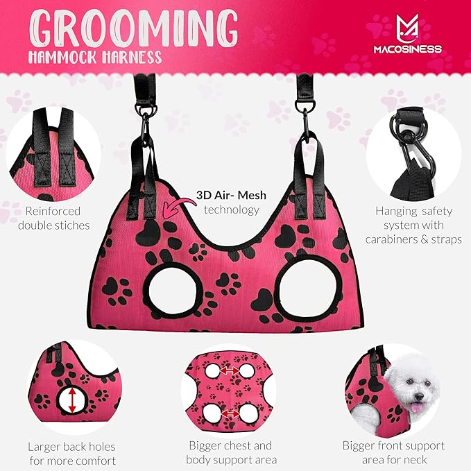 Pet Grooming Hammock for Nail Trimming - Complete Groomers Helper Set for Pet - Dog Grooming Hammock with Hook - Cat Nail Clipper - Dog Hammock for Nail Clipping (S, Pink with black paws)