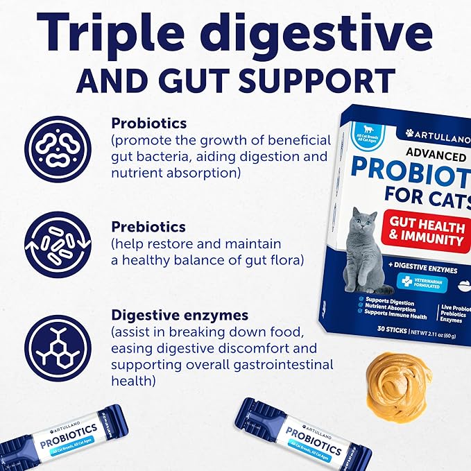 Probiotics for Cats - Cat Probiotic Support Gut Health, Itchy Skin, Allergies, Immunity, Yeast Balance - Cat Probiotics for Indoor Cats Digestive Enzymes with Prebiotics - Cat Diarrhea Relief