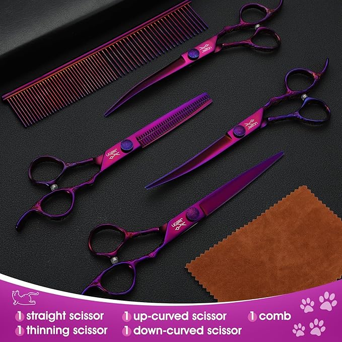 JASON Dog Grooming Scissors Set - Professional 6 in 1 Dog Shears Kit - 6.5" Thinning, 7" Straight, 7" Up-Curved, 7" Down-curved Scissors and Comb for Dog Cat Pet with Adjustable Screw (Purple)