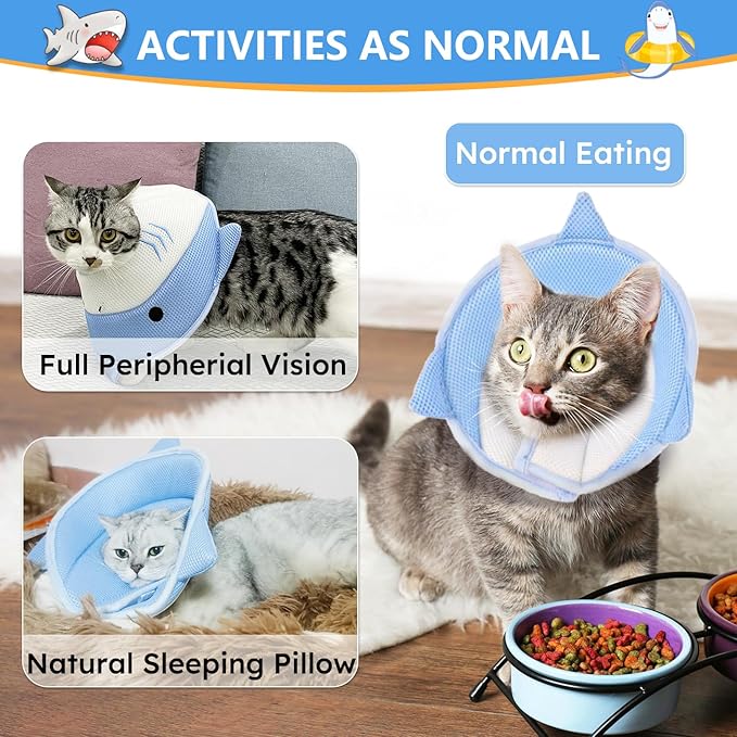 Cat Cone Collar Soft, Adjustable Cat Recovery Collar After Surgery to Prevent Licking Wound, Breathable Cat Neck Cone Comfortable Pet Elizabethan Collar for Cats Kittens Cute Shark Design