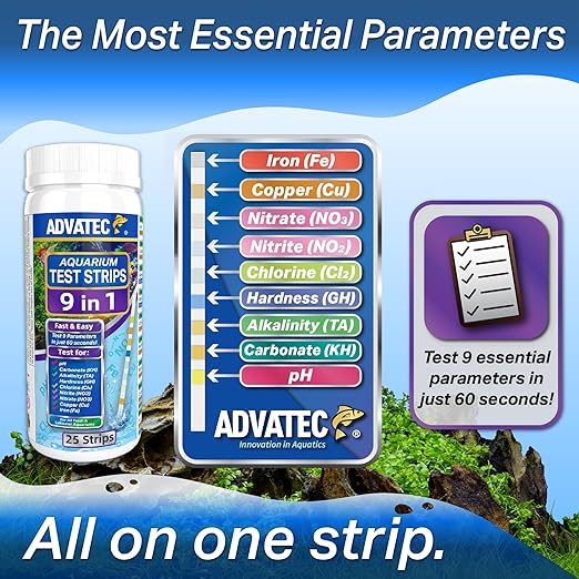 9 in 1 Aquarium Test Strips for Salt & Freshwater, Fish Tank Tester Kit for Iron, Copper, Carbonate, pH, Nitrate, Nitrite, Chlorine, Total Hardness & Alkalinity - 25 Count