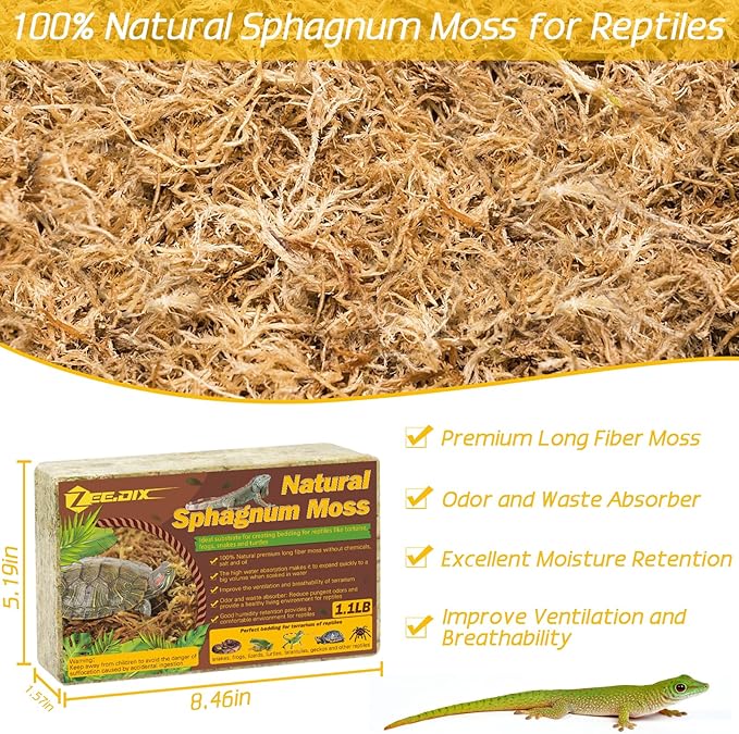 ZeeDix 1.1LBS Sphagnum Moss for Reptiles, 25QT Premium Dried Moss for Terrarium Long Fibered Leopard Gecko Moss Natural Sphagnum Peat Moss Bedding for Frogs Anoles Snake Turtle Plants