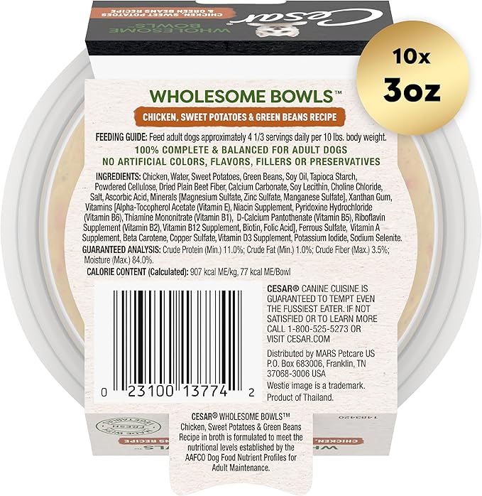 CESAR WHOLESOME BOWLS Adult Soft Wet Dog Food, Chicken, Sweet Potato & Green Beans Recipe, 3 oz., Pack of 10