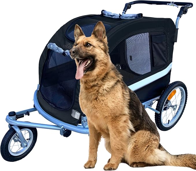 Extra Large Dog Stroller and Pet Bike Trailer for dogs up to 110 lbs with Suspension Shocks.