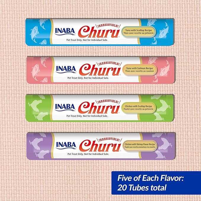 INABA Churu Cat Treats, Lickable, Squeezable Creamy Purée Cat Treat with Green Tea Extract & Taurine, 0.5 Ounces Each Tube, 20 Tubes, Seafood Variety