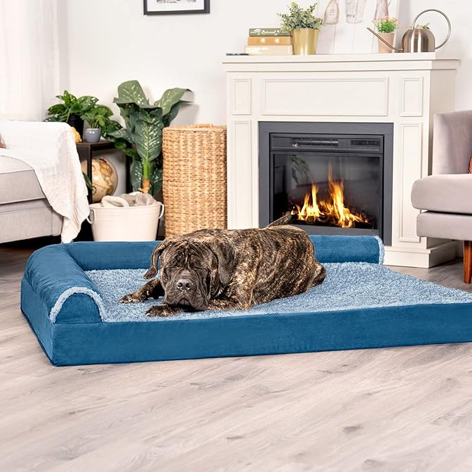 Furhaven Cooling Gel Dog Bed for Large Dogs w/ Removable Bolsters & Washable Cover, For Dogs Up to 125 lbs - Two-Tone Plush Faux Fur & Suede L Shaped Chaise - Marine Blue, Jumbo Plus/XXL