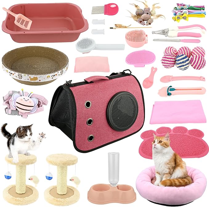 40 Pcs Kitten Cat Starter Kits, Cat Litter Box, Brush, Nail Clipper, Collar, Cat Bed Scratch Pad, Bag and other Cat Essentials，Small Medium Cat Litter Box Kits for beginner Supplies Accessories