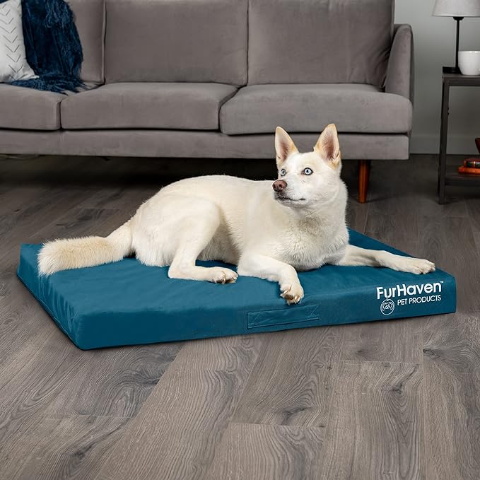 Furhaven Water-Resistant Memory Foam Dog Bed for Large Dogs w/ Removable Washable Cover, For Dogs Up to 95 lbs - Indoor/Outdoor Logo Print Oxford Polycanvas Mattress - Deep Lagoon, Jumbo/XL