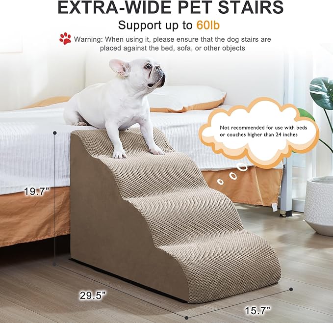 Ryoizen Dog Stairs Ramps for Large Medium Dogs to High Bed and Couch Up to 24'', 4-Step Dog Steps with Sturdy Foam, Pet Stairs with Non-Slip Bottom for Puppy and Cat, Gifts Lint Roller for Dogs, Tan