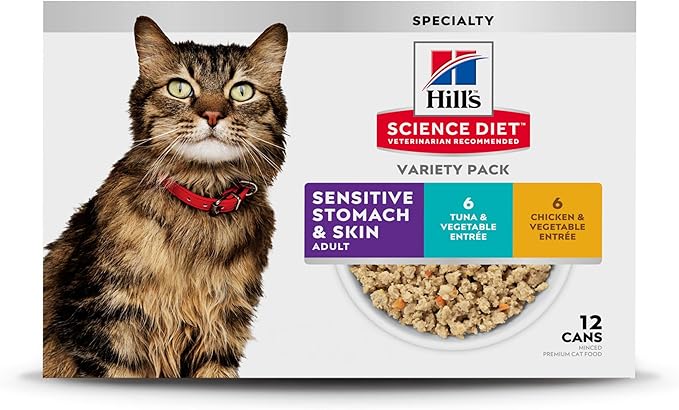 Hill's Science Diet Sensitive Stomach & Skin, Adult 1-6, Stomach & Skin Sensitivity Support, Wet Cat Food, Variety Case: Chicken; Tuna Minced, 2.9 oz Can Variety Case, Case of 12