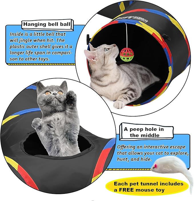 3 Way Large Cat Tunnels for Indoor Cats - Durable & Resistant to Scratching Cat Play Tube Tunnel - Includes Mouse Toy, Bell Ball - Gift for Ferrets & Rabbits (Black)