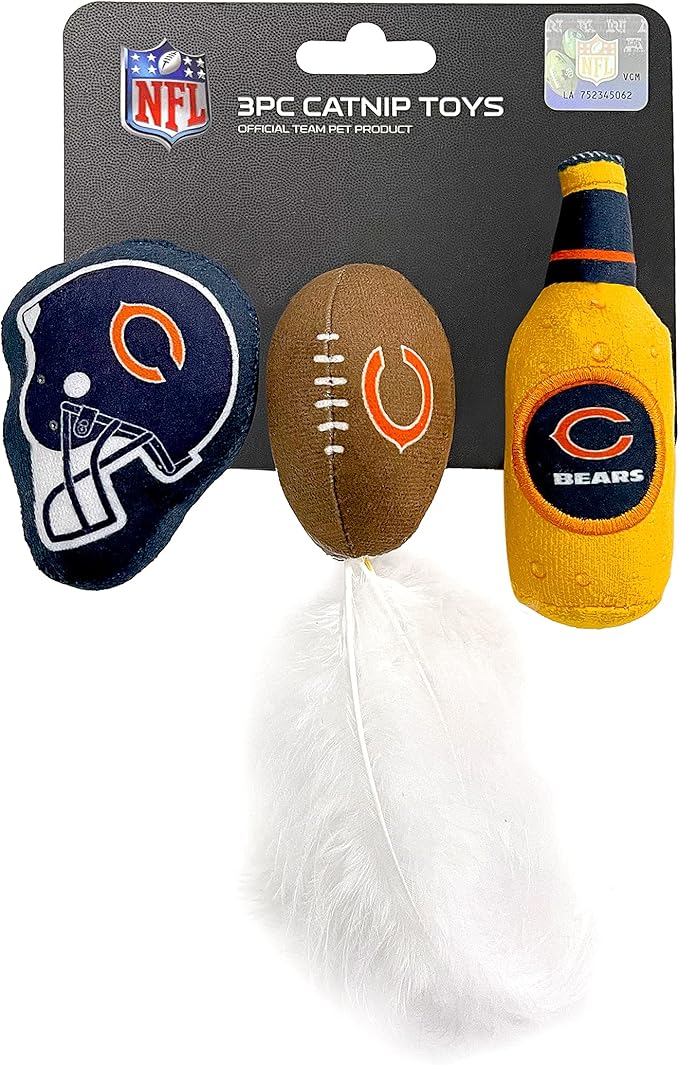 BEST PLUSH CAT TOY - NFL CHICAGO BEARS Complete Set of 3 piece Cat Toys filled with Fresh Catnip. Includes: 1 Helmet Cat Toy, 1 Football Cat Toy with Feathers & 1 Beer Bottle. Beautiful Team LOGOS