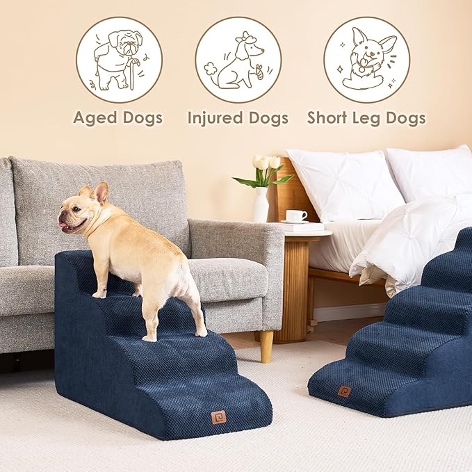 EHEYCIGA Curved Dog Stairs for High Beds 19.7" H, 4-Step Dog Steps for Small Dogs and Cats, Pet Stairs for High Bed Climbing, Non-Slip Balanced Pet Step Indoor, Navy