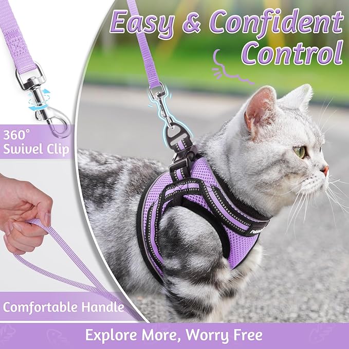 rabbitgoo Cat Harness and Leash Set for Walking Escape Proof, Adjustable Soft Kittens Vest with Reflective Strip for Cats, Comfortable Outdoor Vest, Light Purple, M