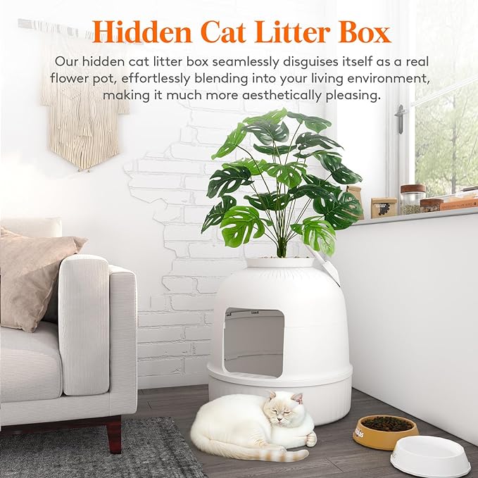 Lifewit Litter Box Cat with Faux Plant & Scoop(Random Color), Hidden Enclosure Litter Tray with Odor Control & Carbon Filter in Living Room/Bedroom/Bathroom Corner, White