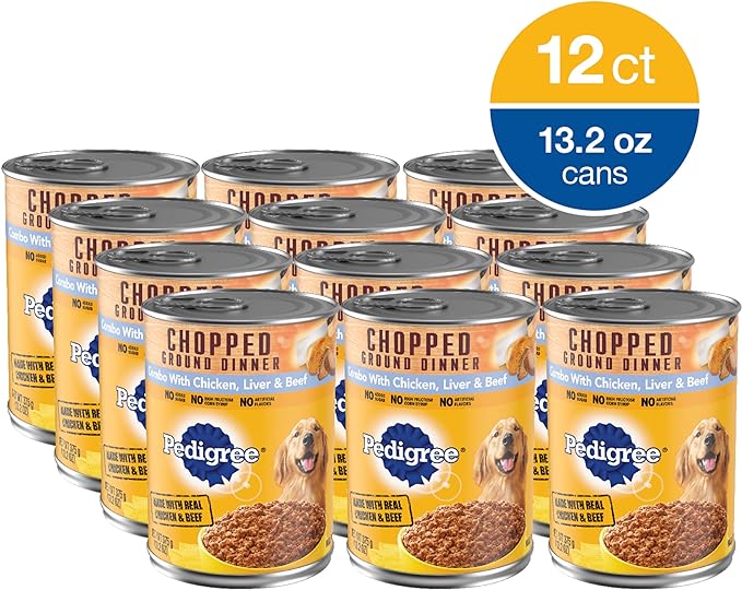 PEDIGREE CHOPPED GROUND DINNER Adult Canned Soft Wet Dog Food Combo with Chicken, Liver & Beef, 13.2 oz. Cans (Pack of 12)