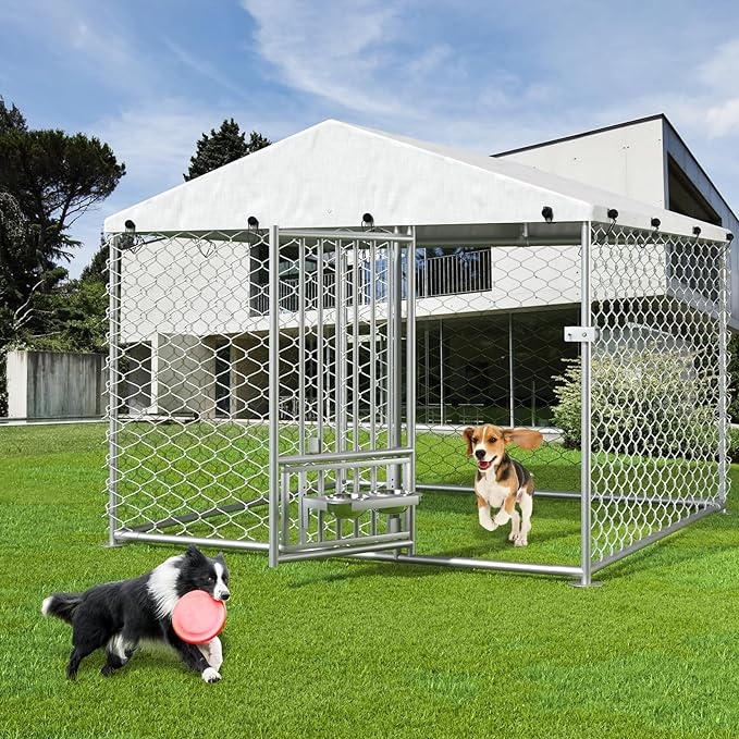 6.7' x 6.7' x 5' Outdoor Dog Kennel with Roof, Outside Dog Kennel with UV-Resistant & Waterproof Cover, Dog Kennel Outside with Rotating Feeding Bowls, Covered Outdoor Kennel for Dogs